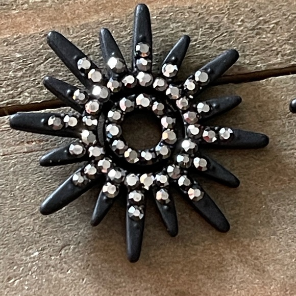 Black Starburst Rhinestones, Crystals Boho Vintage Inspired Sparkle Earrings - Picture 3 of 5